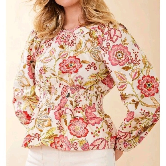 Spartina 449 Tops - Spartina June Peplum Callawassie Jacobean Peasant Blouse Floral L Cottagecore